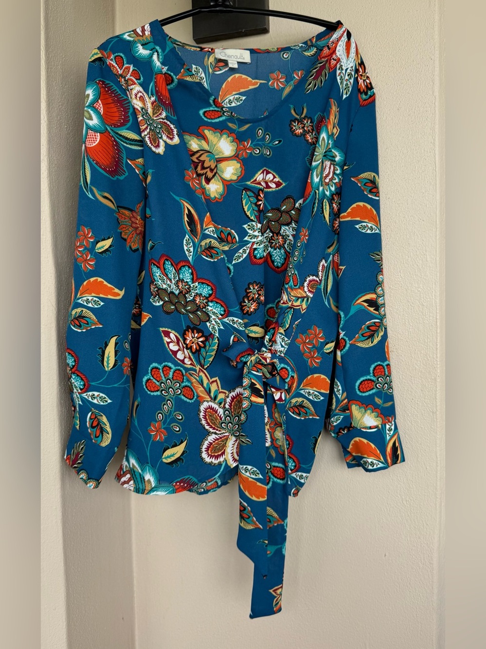 Chenault Tie Front Blue Blouse Multicolored Floral Print 3/4 Sleeve Work Small